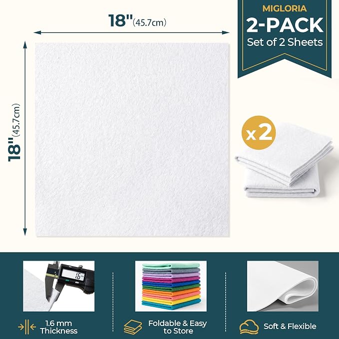 Felt Fabric Sheet 18 x 18 Inch, 1.6mm Thick | Soft and Flexible Nonwoven