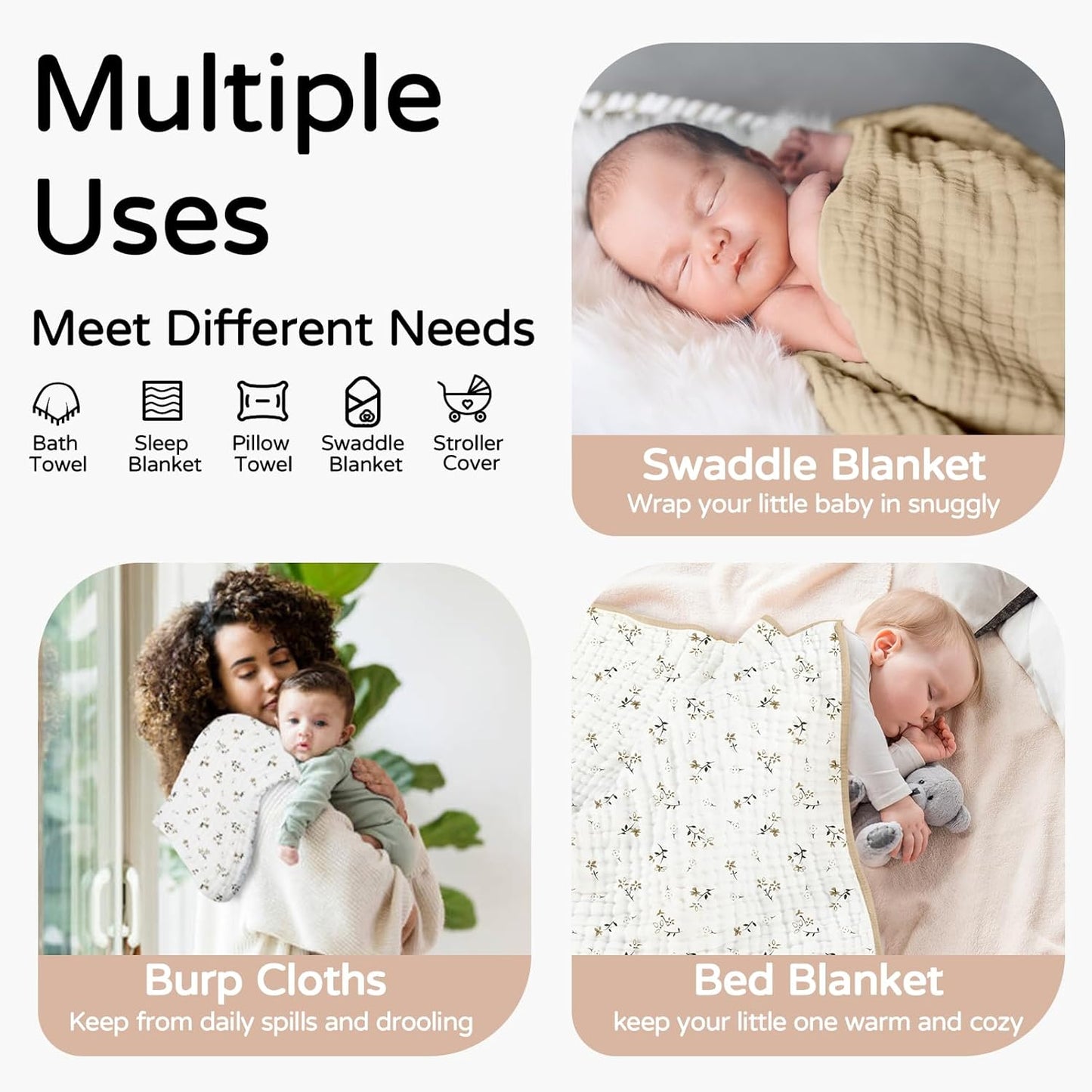 Yoofoss Hooded Baby Towels for Newborn 2 Pack 100% Muslin Organic Cotton Baby Bath Towel with Hood for Babies, Infant, Toddler and Kids, 32x32Inch, Soft and Absorbent Newborn Essential, Beige Floral