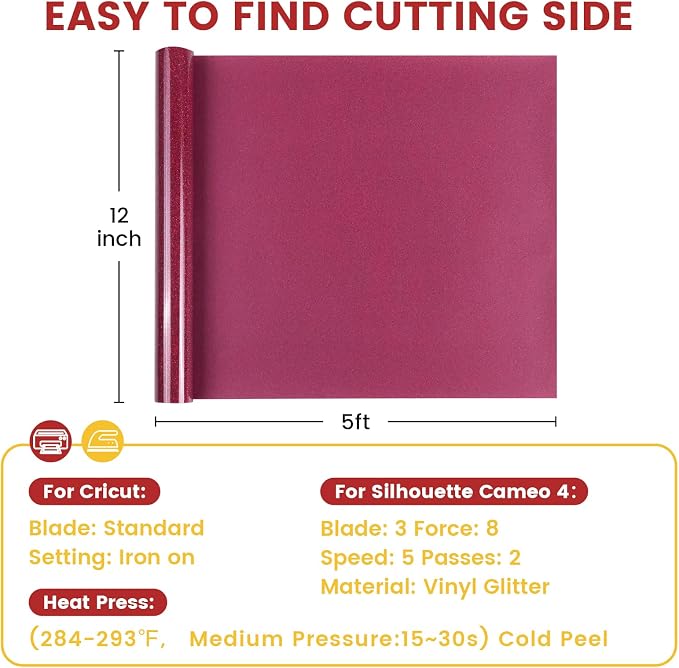 DUEUIOE Glitter Heat Transfer Vinyl Rolls 12" x 5FT Rose Red