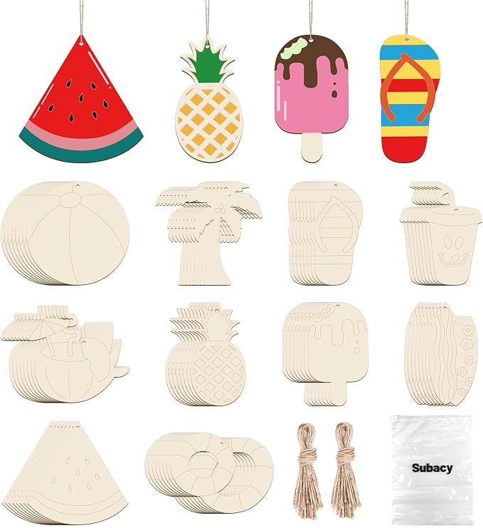Subacy 80 PCS Unfinished Wood Cutouts 10 Styles DIY Wooden Summer Ornaments