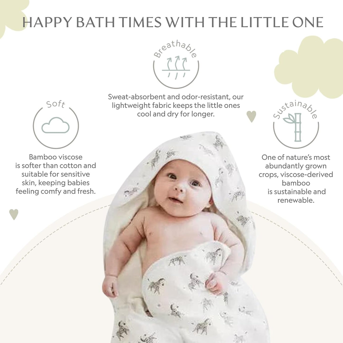 Bamboo Viscose Baby Hooded Towel & Washcloth Set for Babies and Toddlers, Soft & Absorbent, 70% Viscose from Bamboo, 30% Cotton Muslin - Imported (Zebra)