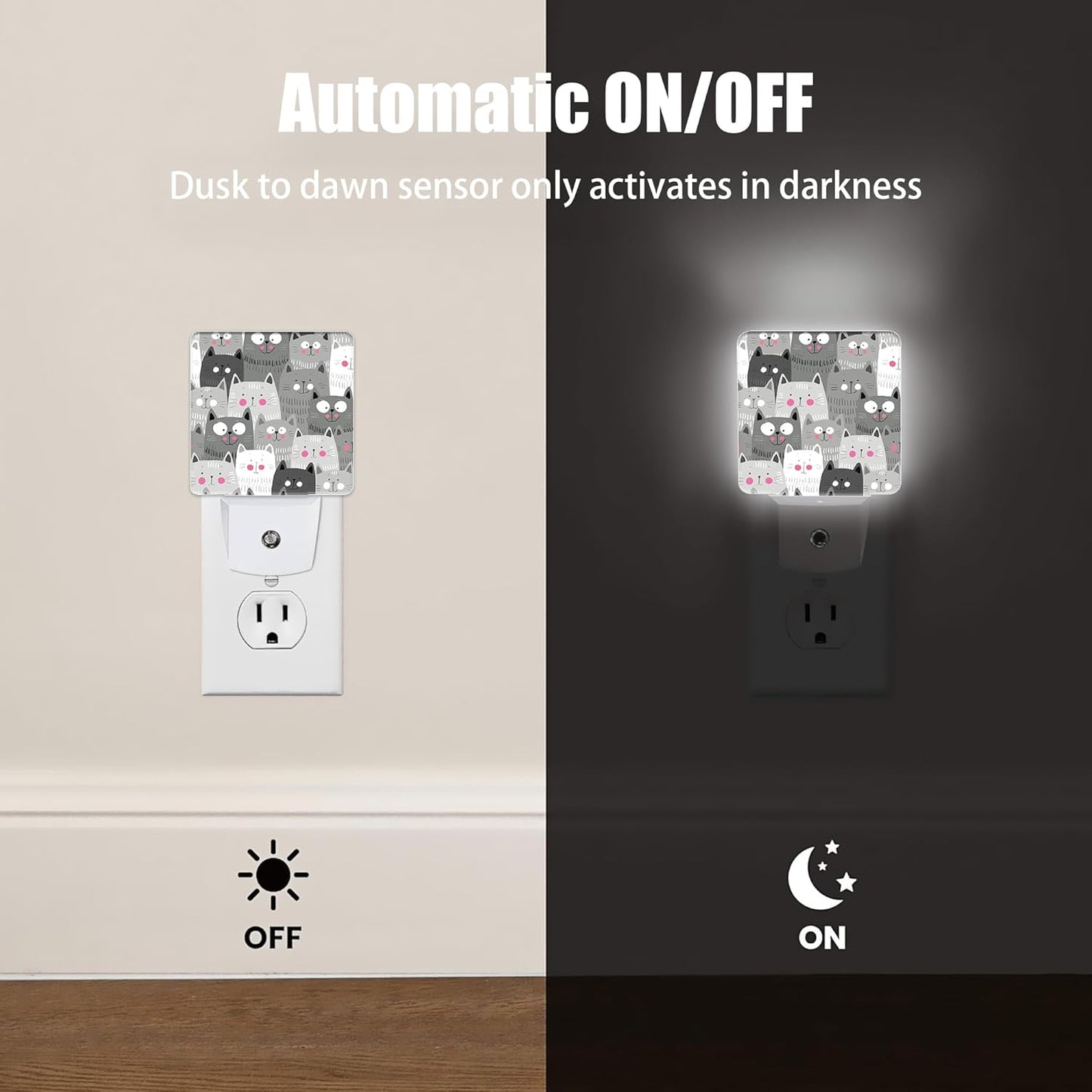 Gray Cartoon Cat Night Light Plug in Wall Lamp Smart Dusk to Dawn Sensor for Home Decorative, Kids Room Bedroom Bathroom Kitchen Hallway Gifts
