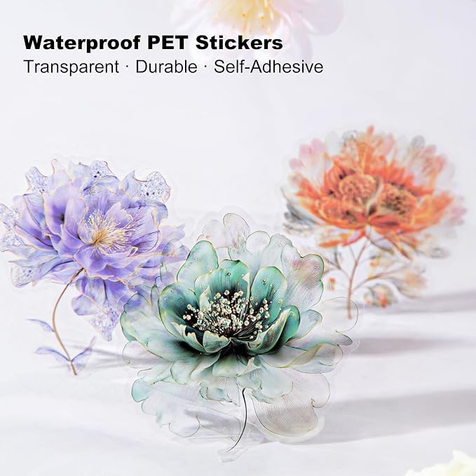 90PCS Flower PET Stickers, Waterproof Transparent Floral Designs