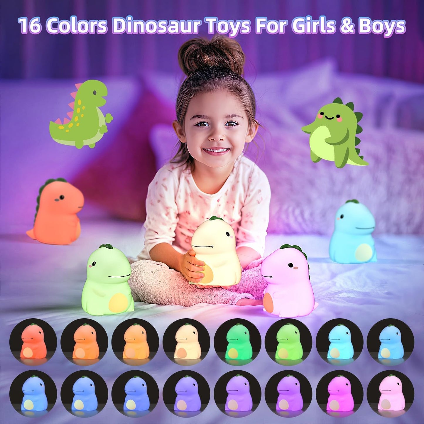 Dinosaur Night Light for Boys, Dino Lamp Silicone Light, 16 Color Nightlight, Rechargeable Battery Powered, 30Min Timer Off, Ideal Gifts for Kids,Toddler,Baby