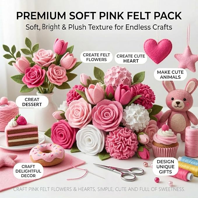 Pink Felt Fabric Sheet 8" X 36", 1.6mm Thick 8 Pack 4 Colors Assorted | Soft
