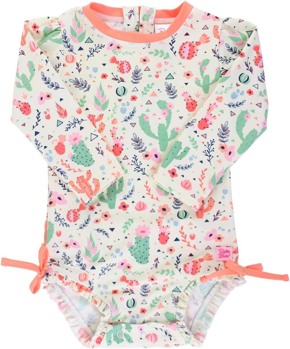 RuffleButts Baby Girls UPF 50+ Sun Protection Novelty Print Long Sleeve One Piece Rash Guard Swimsuit with Zipper