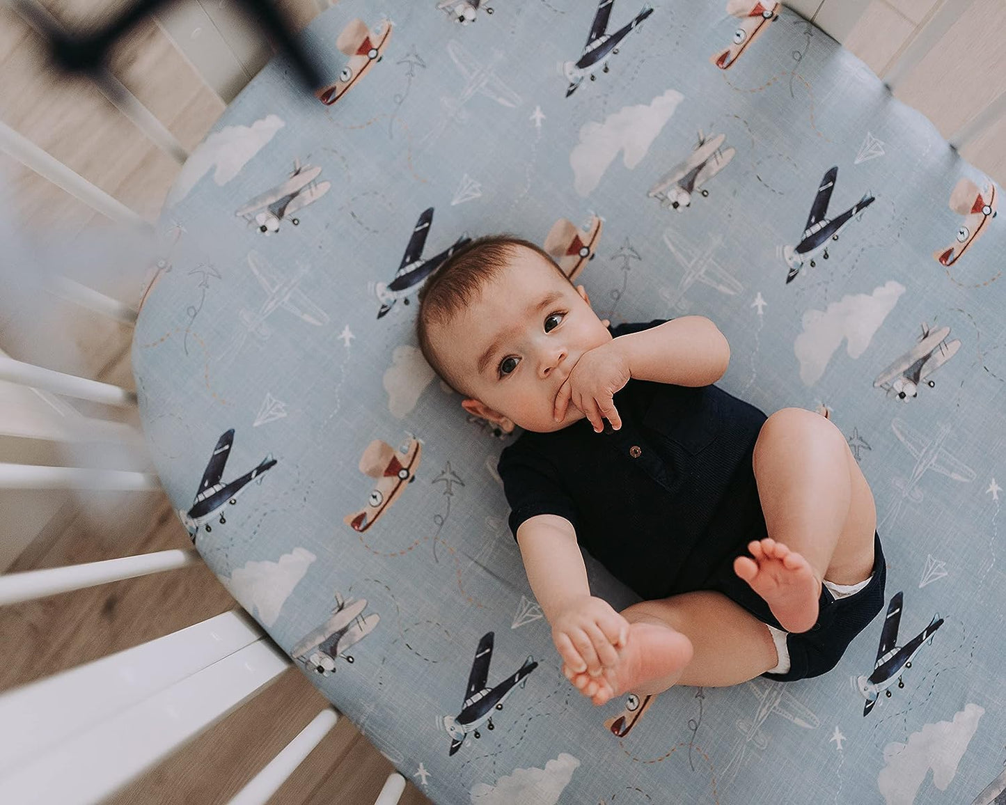 Baby Bassinet Sheets for Boy, Girl (Airplanes & Clouds) 2-Pack - Fitted Bedside Bassinet Sheets - Buttery Soft Cotton Blend for Standard Mattress Pad
