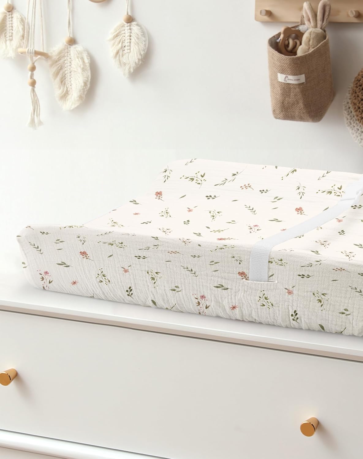 Changing Pad Cover for Baby Boy Girl 2 Pack, Muslin Changing Table Pad Covers with Boho Style, Neutral Nursery Bedding Essentials Soft and Breathable(Petal Leaf & Pink)
