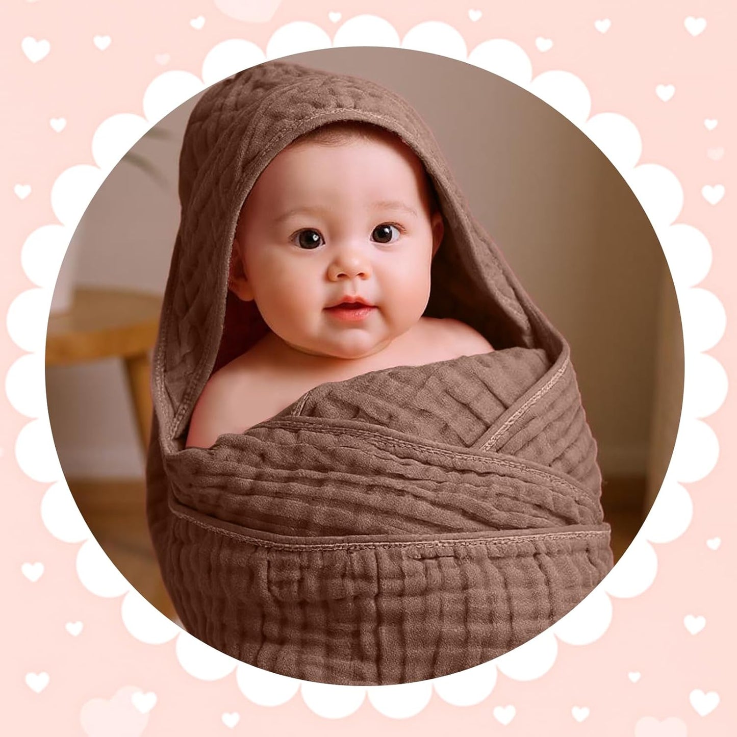 Peryiter 6 Pcs Muslin Hooded Baby Towels, 32"x 32" Cotton Newborn Bath Towel Muslin Infant Baby Blankets Absorbent Unisex Newborn Registry Gift Essentials for Girls Boys (Green and Pink Series)