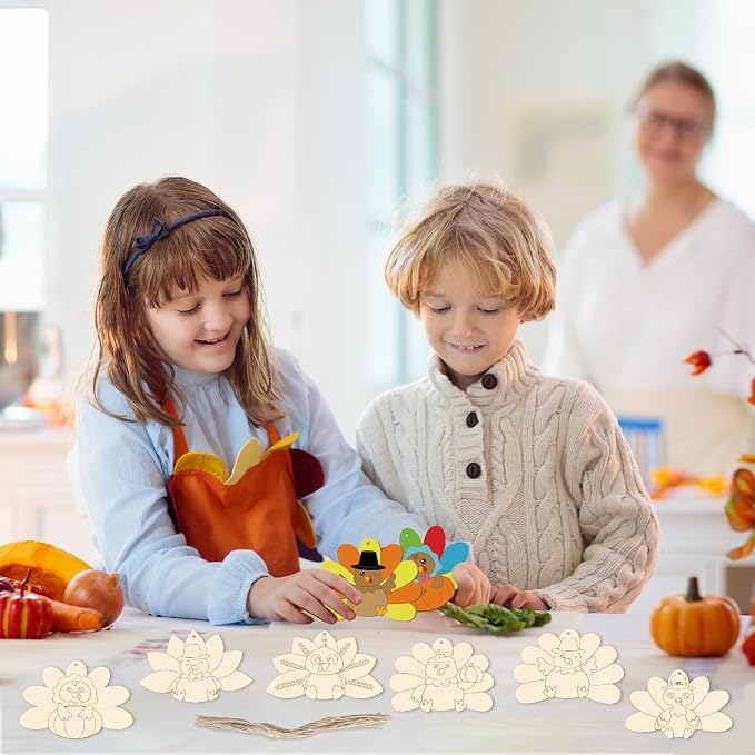 24 PCS Unfinished Wooden Thanksgiving Crafts, Turkey Shaped Hanging Ornaments