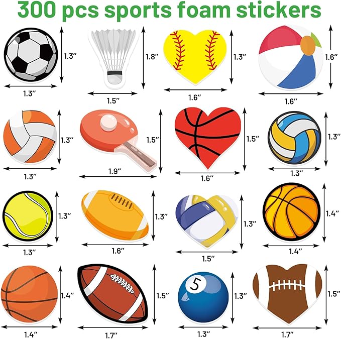 300Pcs Sports Foam Stickers Assorted Sport Ball Basketball Football Baseball