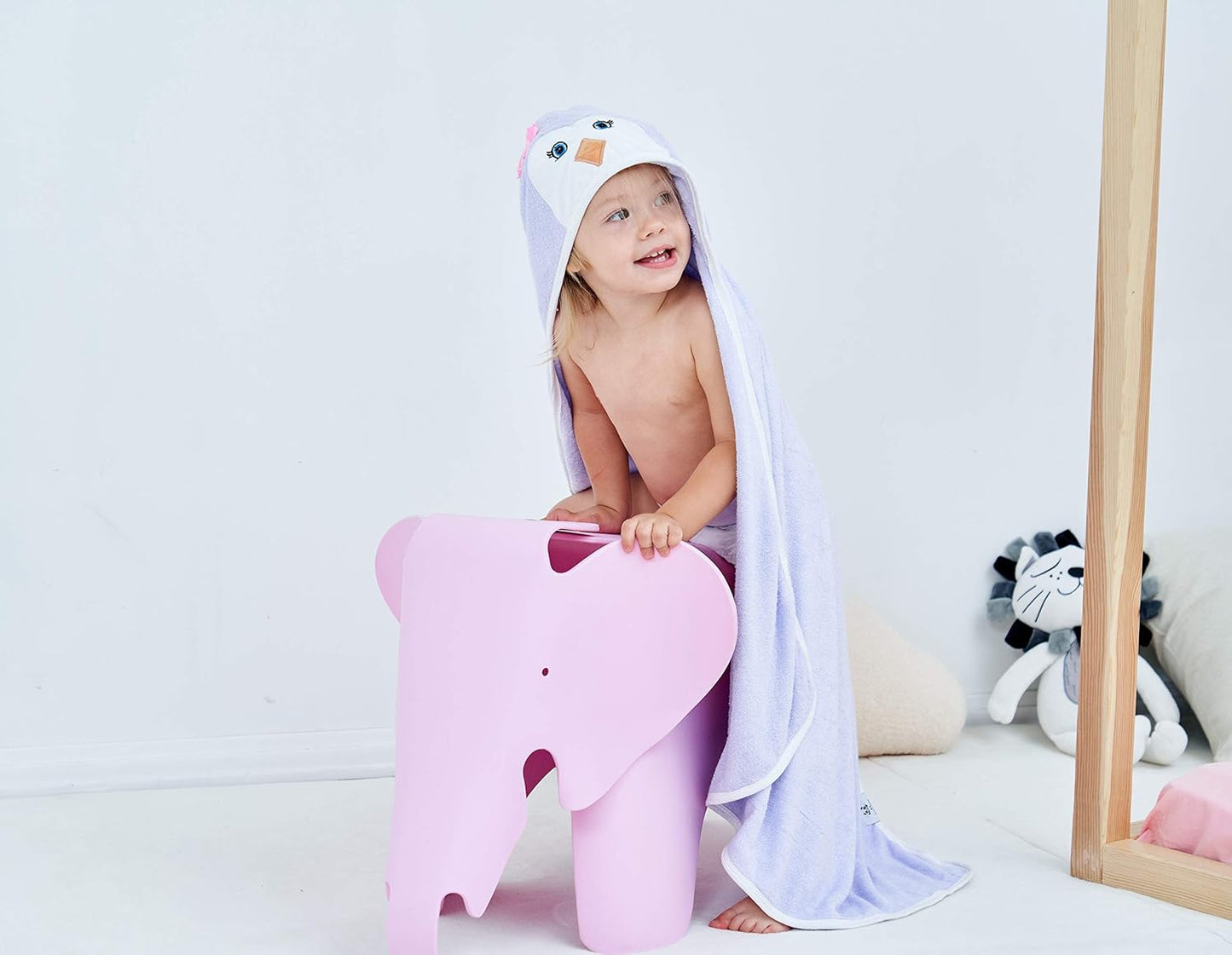 HIPHOP PANDA Hooded Towel - Rayon Made from Bamboo, Bath Towel with Bear Ears for Newborn, Babie, Toddler, Infant - Absorbent Large Baby Towel - Purple Penguin, 30 x 30 Inch