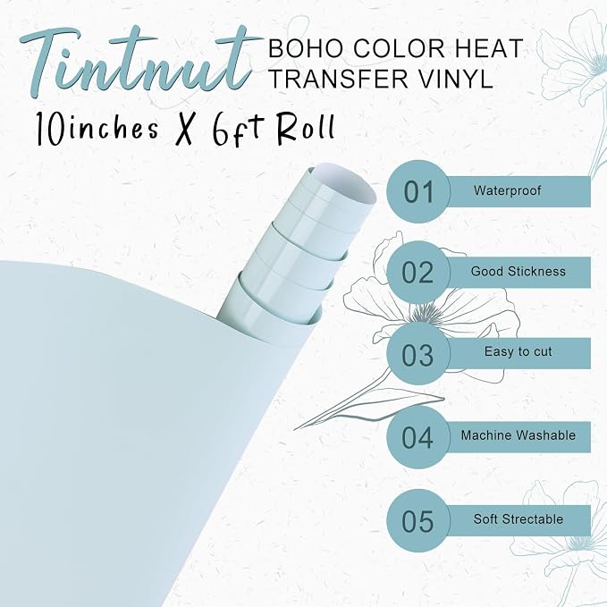 Tintnut Sky Blue Heat Transfer Vinyl, 10inx6ft Iron on Vinyl | Neutral boho PU