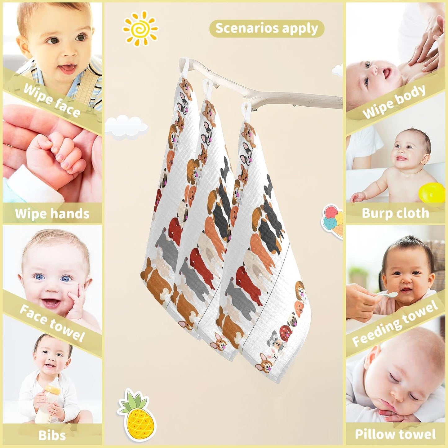 Dog Faces Baby Muslin Washcloths 5 Pack Dog Back Burp Cloth Christmas Shower Gift Soft Absorbent Infant Wipes Fingertip Face Towels for Newborn Boys Girls Kids, 12 x 12 in
