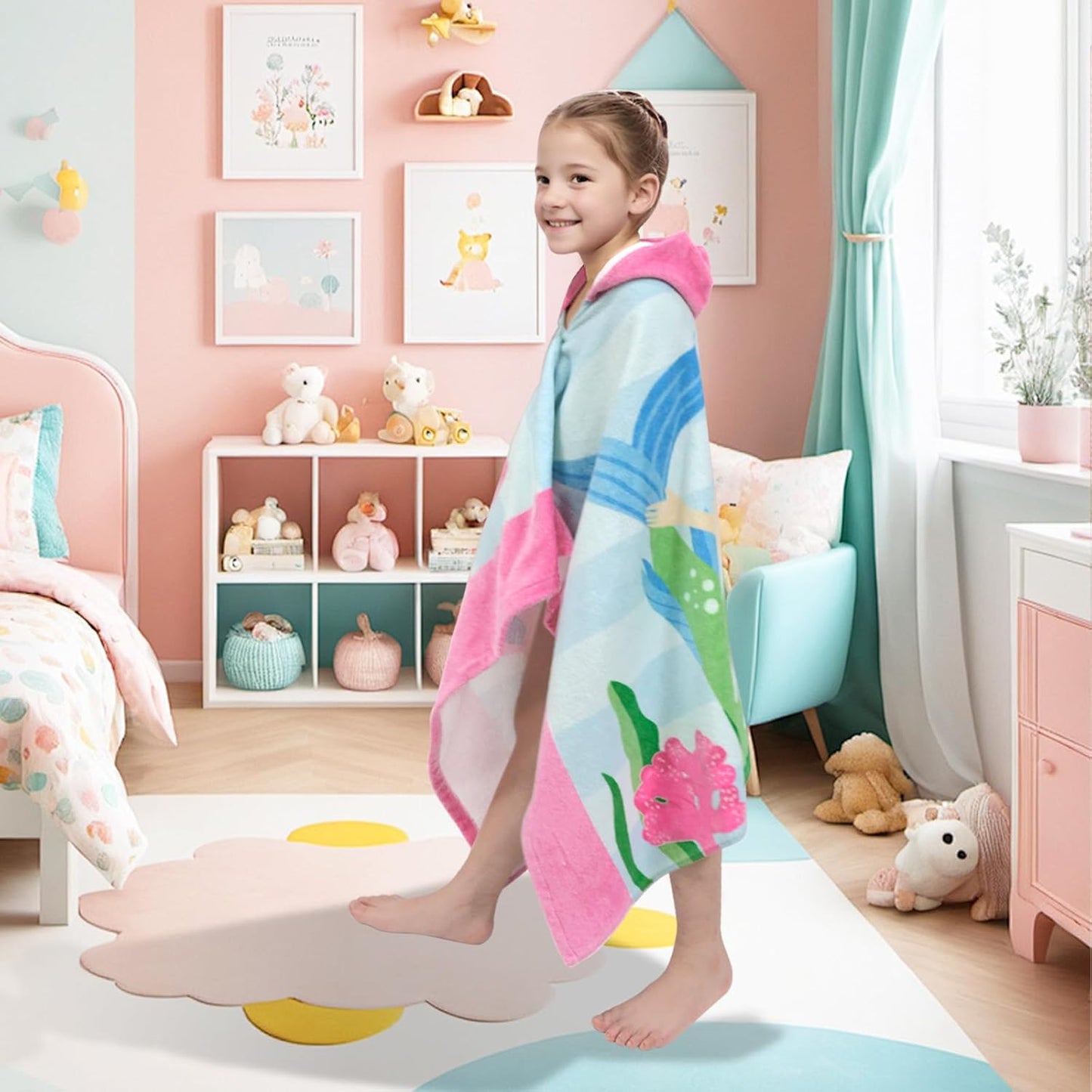 Kids Hooded Bath Towel-Soft Thick 100% Cotton Hooded Beach Towel for Kids 3-10 Years,Absorbent Fast-Drying Cute Toddler Bath & Swim Towel,for Boys & Girls 30"x50"(Mermaid Pink)