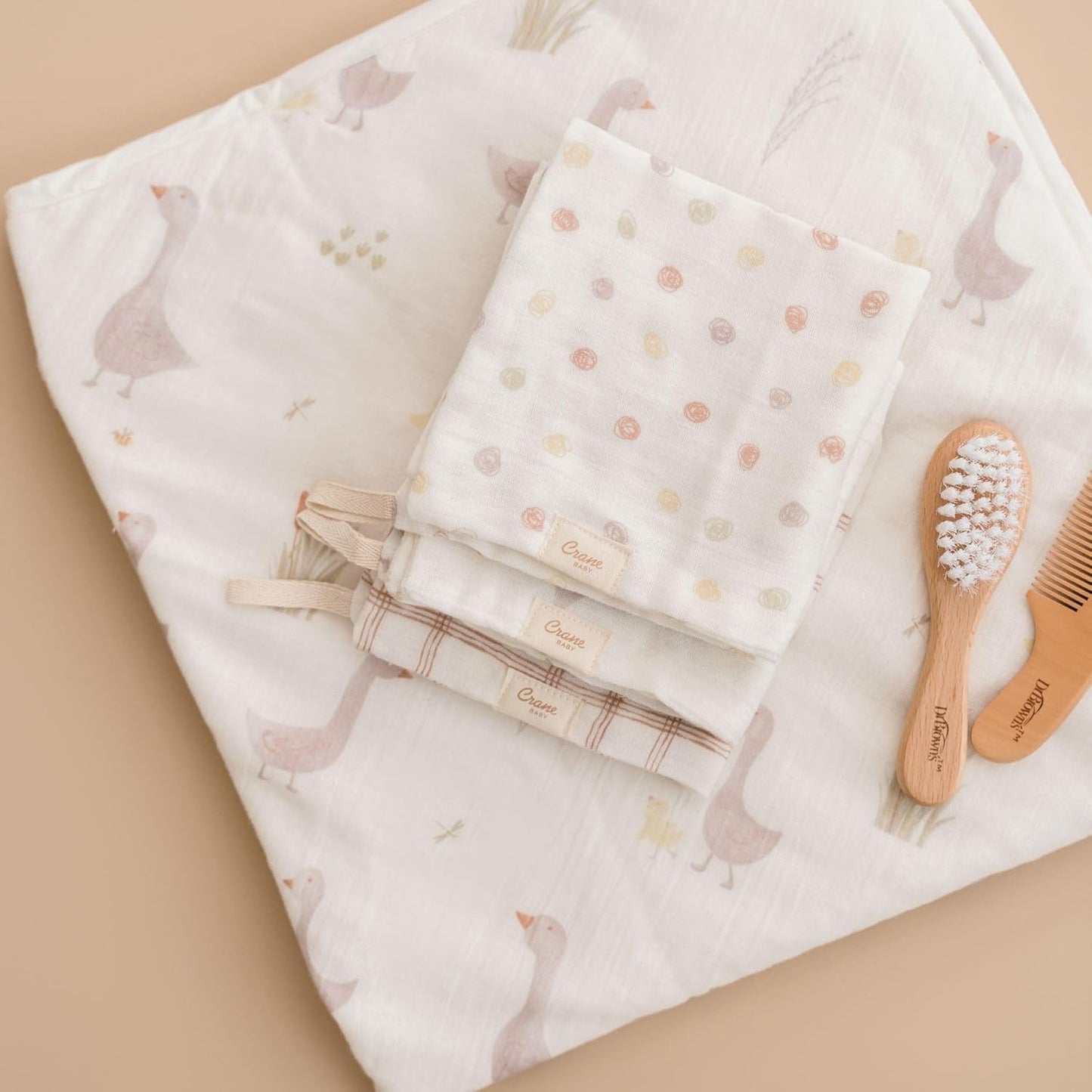 Crane Baby Hooded Towel & Washcloth Set, Charlie Farmhouse Goose Hooded Baby Towels and Washcloths Set, Baby Bath Essentials, Washcloths for Newborn, Muslin Towel for Babies