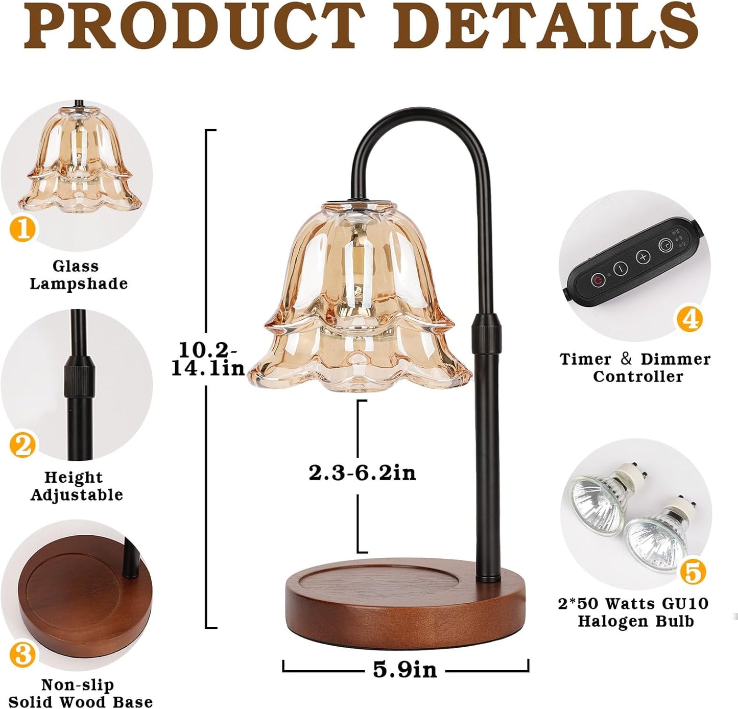Candle Warmer Lamp with Timer & Dimmer, Adjustable Height Christmas Gifts Birthday Gifts for Women Mom, Flower Candle Lamp Warmer, Wax Warmer with 2 Bulbs, House Warming New House Decorations