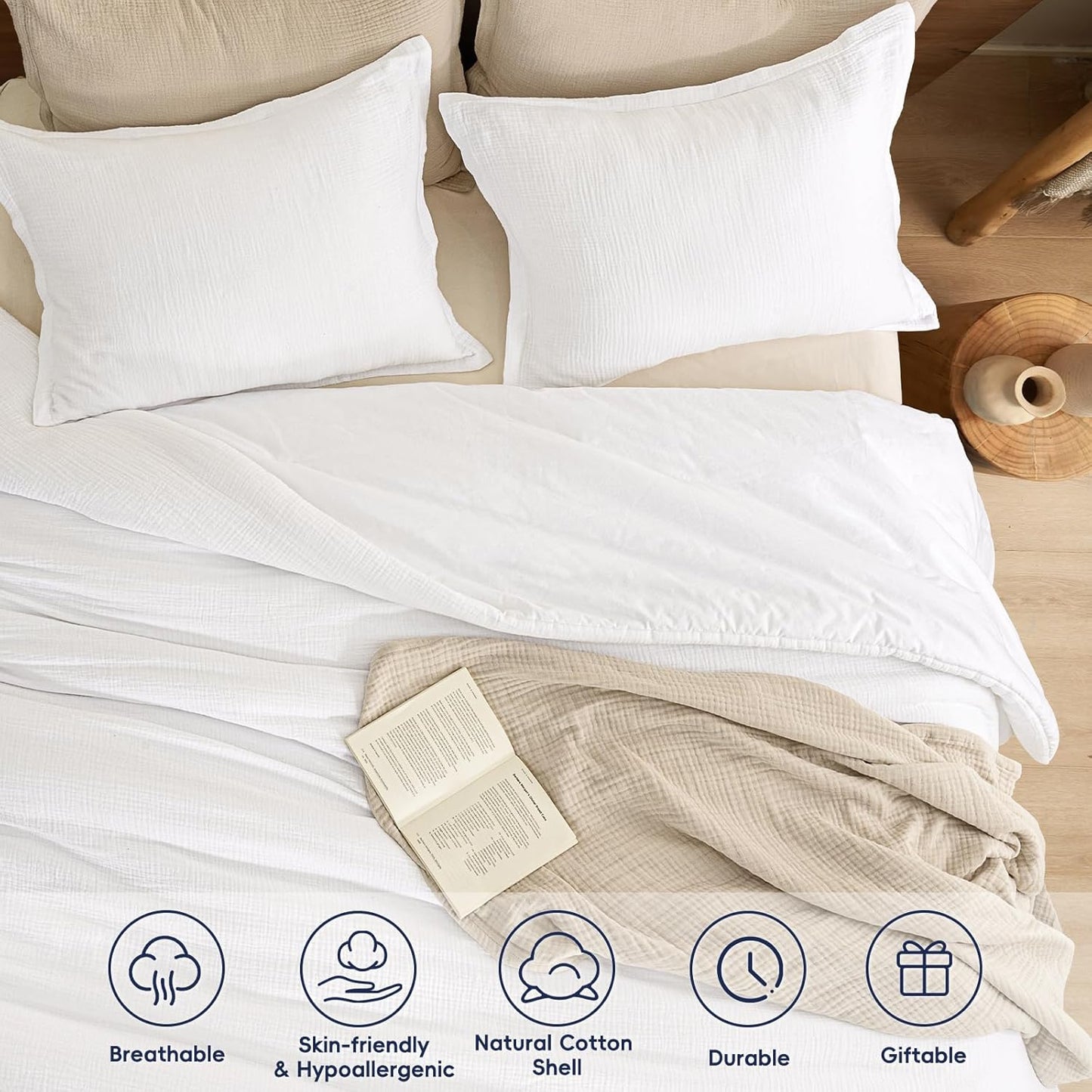 PHF Cotton Muslin Comforter Set King Size – Ultra Soft, Breathable & Lightweight Bedding Set for All Seasons, 3 Pieces - 1 Comfy Comforter 104"x90", 2 Pillow Shams 20"x36", White