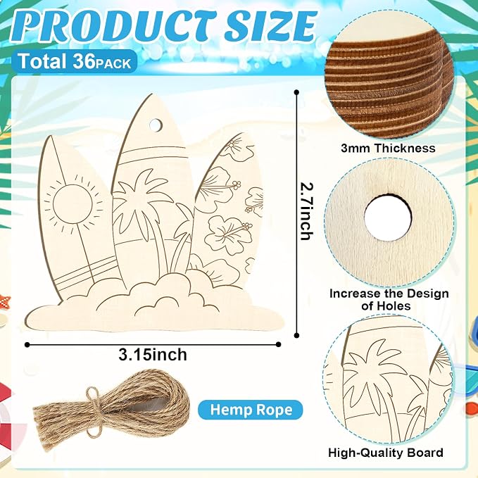 36PCS Wooden Summer Ornaments to Paint, 12 Styles DIY Blank Unfinished Wood