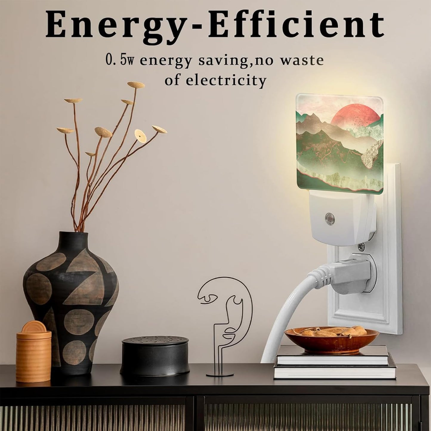 Green Mountain with Red Moon Night Light for Kids,Abstract Natural Landscape Painting Night Light Plug in with Dusk to Dawn Sensor,0.5w Energy Saving Nightlight for Hallway Stairway Kitchen Bedroom