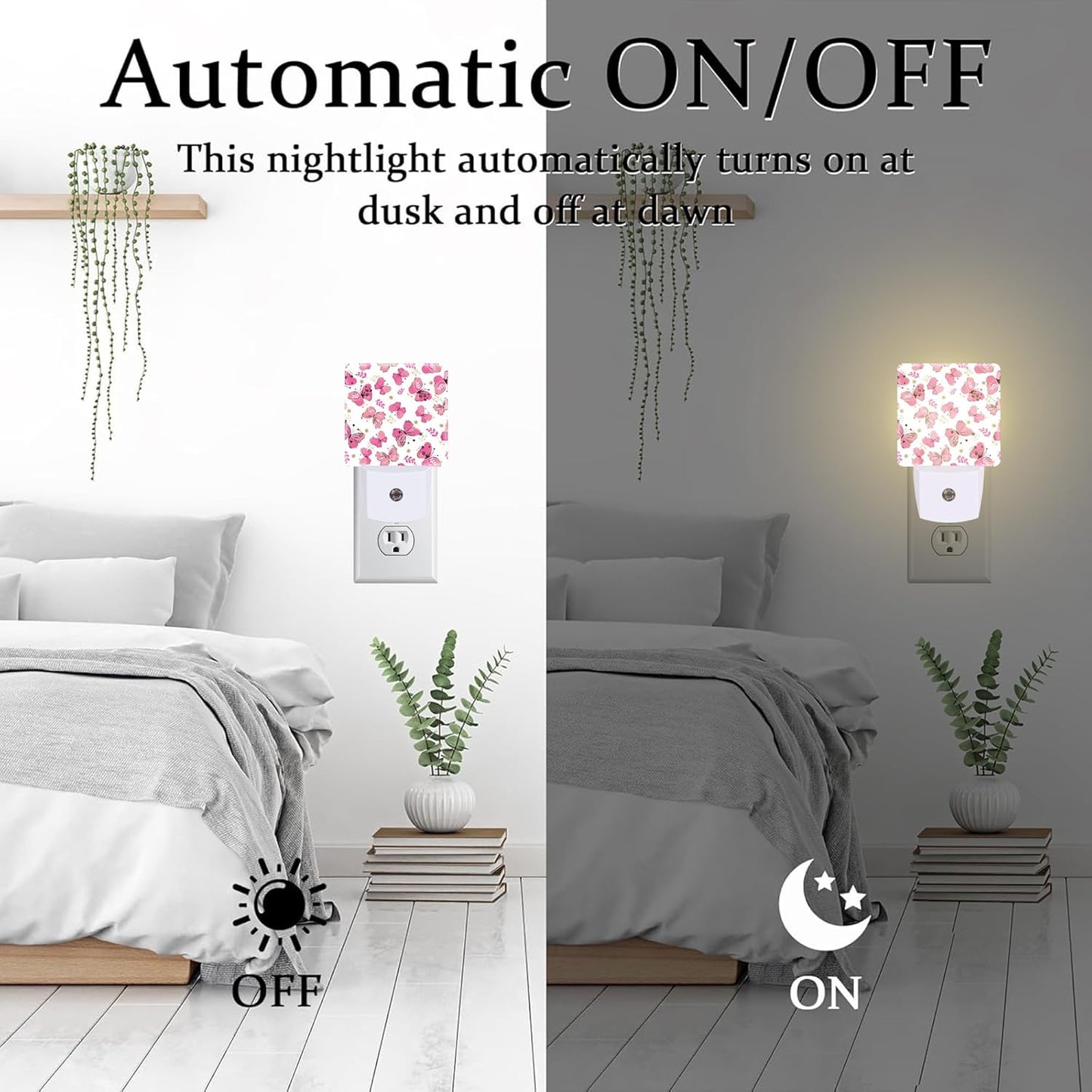 Cute Girl Butterfly Night Light, Watercolor Pink Butterflies Floral Dusk to Dawn Night Light Plug in,0.5w Energy Saving Sleep Friendly NightLight for Kids Boys Girls Home Decor