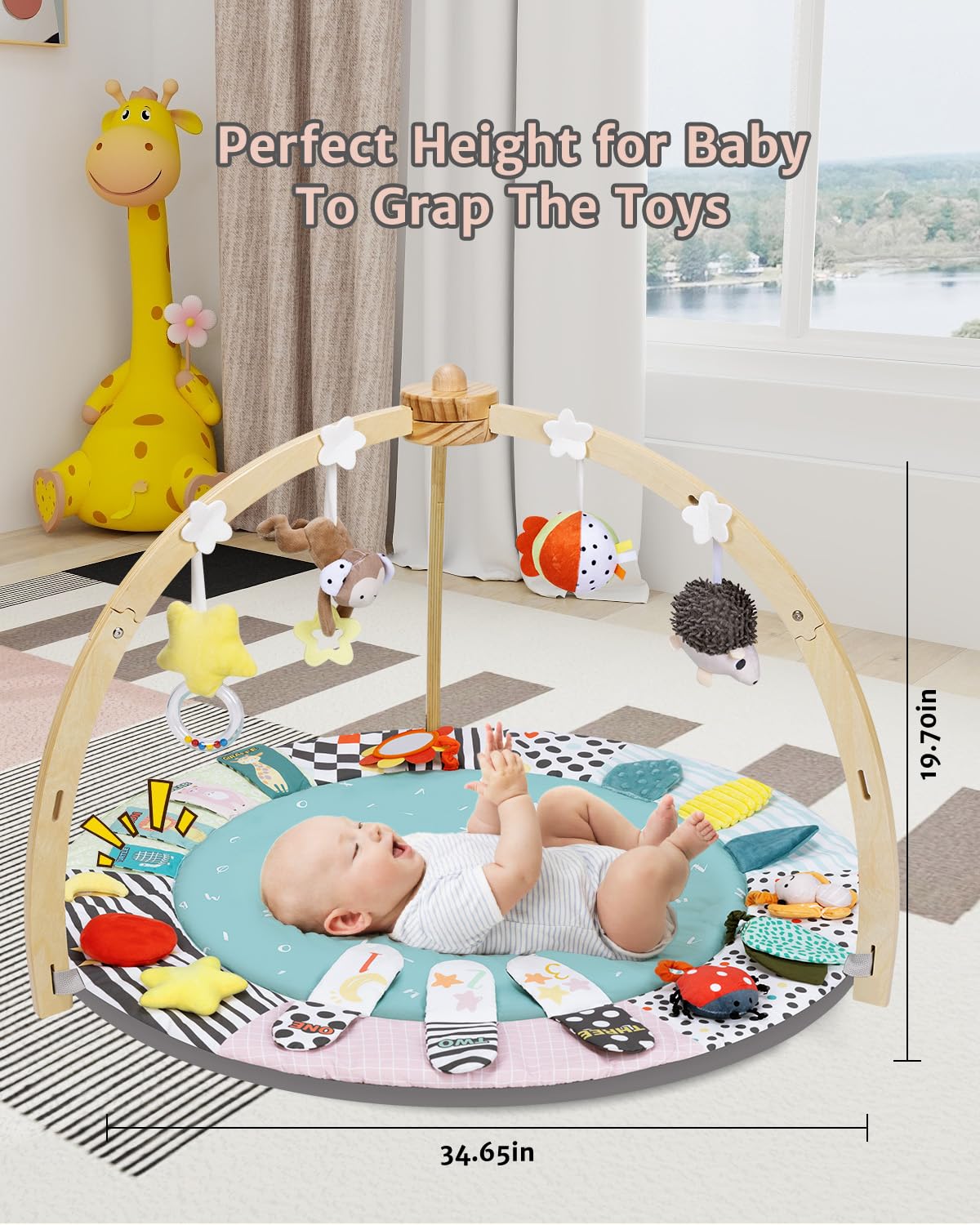 Baby Play Gym,6 Developmental Zones Tummy Time Mat, Wooden Baby Play Gym Mat with 7 Detachable Sensory Toys for Newborn Brain Development, Essential Baby Shower Set, Green
