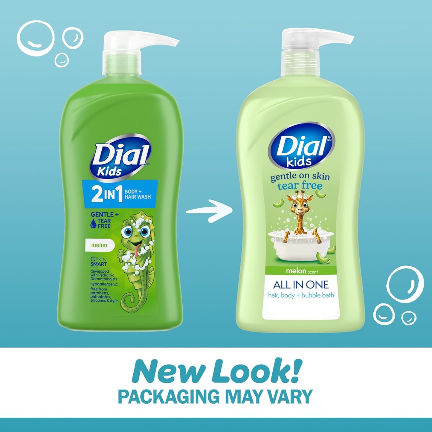 Dial Kids All-in-1 Body Wash + Hair + Bubble Bath, Melon Scent, 32 Fl Oz, Hypoallergenic Body Wash & Shampoo, No Tears Formula for Kids 2+ Years, No Parabens & Silicones