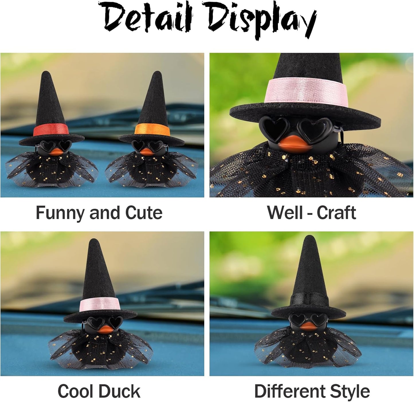 wonuu Car Dashboard Witch Black Rubber Ducks for Halloween, Decorations Duck for Office Desk Ornament Accessories with Hat Glasses Skirt, Pink