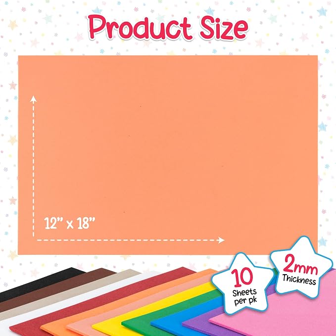 Hygloss Sheets Colorful Foam for DIY Arts & Craft, 12” x 18”, 10 Piece