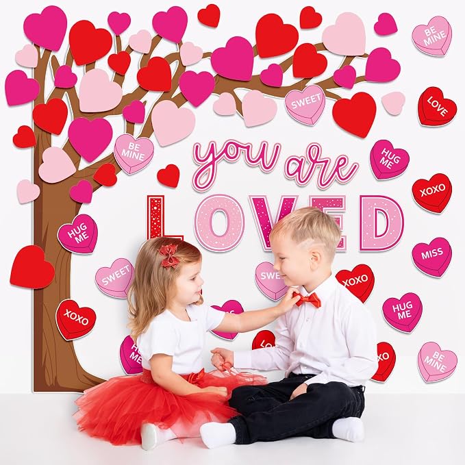 Whaline 99Pcs Valentine's Day Tree Bulletin Board Decoration Red Pink Heart