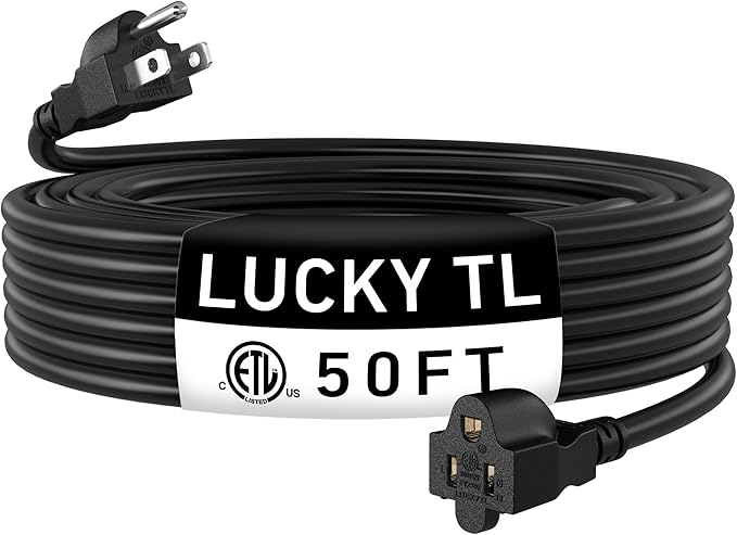 LUCKY TL Indoor Outdoor Extension Cord, 16/3 Gauge Black Long Extension Cord 50ft, Waterproof Flexible Case, Made of Pure Copper, 13A 1625W 16AWG SJTW, 3 Prong Heavy Duty Wire, ETL