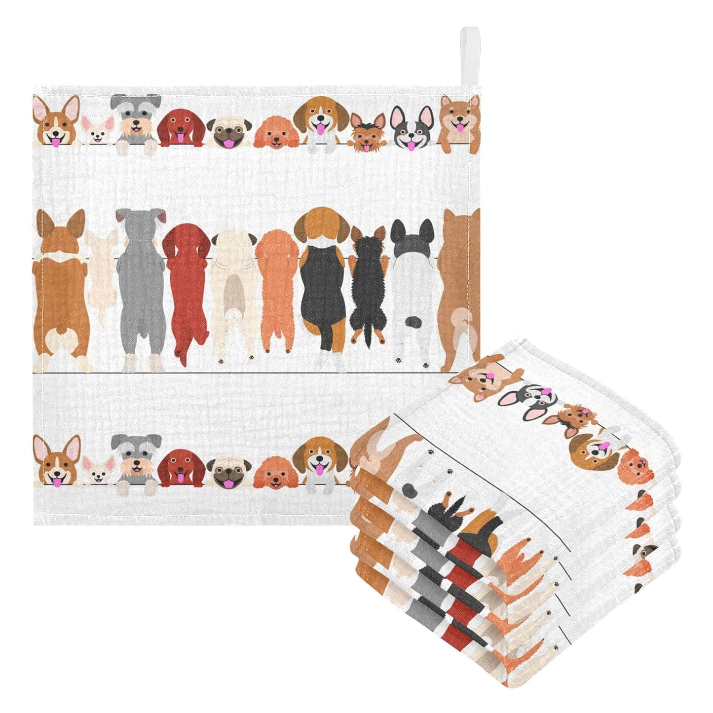 Dog Faces Baby Muslin Washcloths Dog Back Burp Cloths Cute Puppy Soft Absorbent Baby Wash Cloth Fingertip Face Towels for Newborn Boys Girls 12 x 12 in, 3 Pack