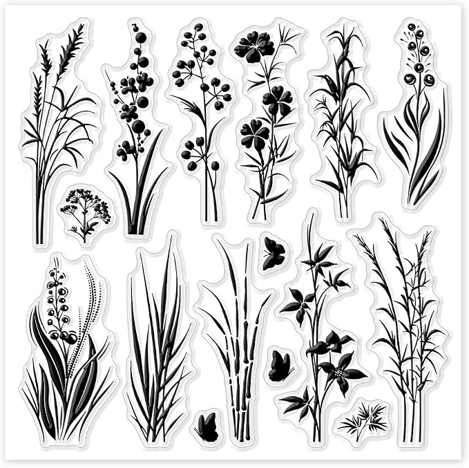 GLOBLELAND Plants Silhouettes Clear Stamps 5.91x5.91 inch Wildflowers Grass