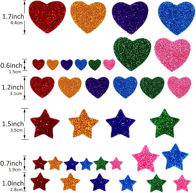260 Pieces Colorful Glitter Foam Stickers Self Adhesive Stars Mini Heart Shapes