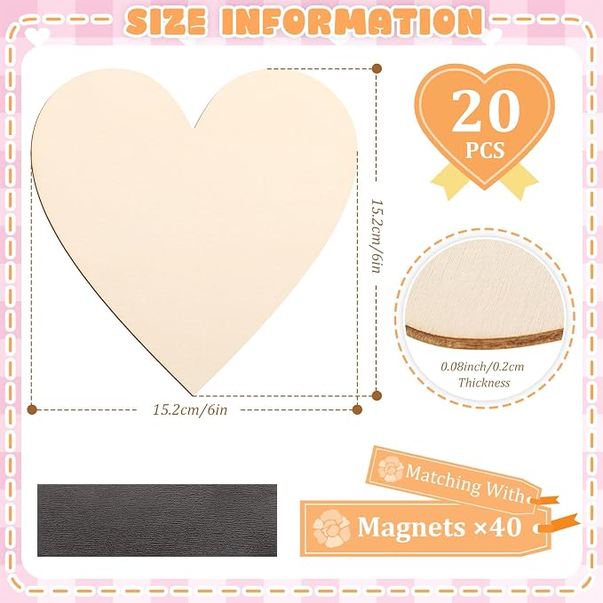 Qunclay 20 Pcs Wooden Heart Magnets