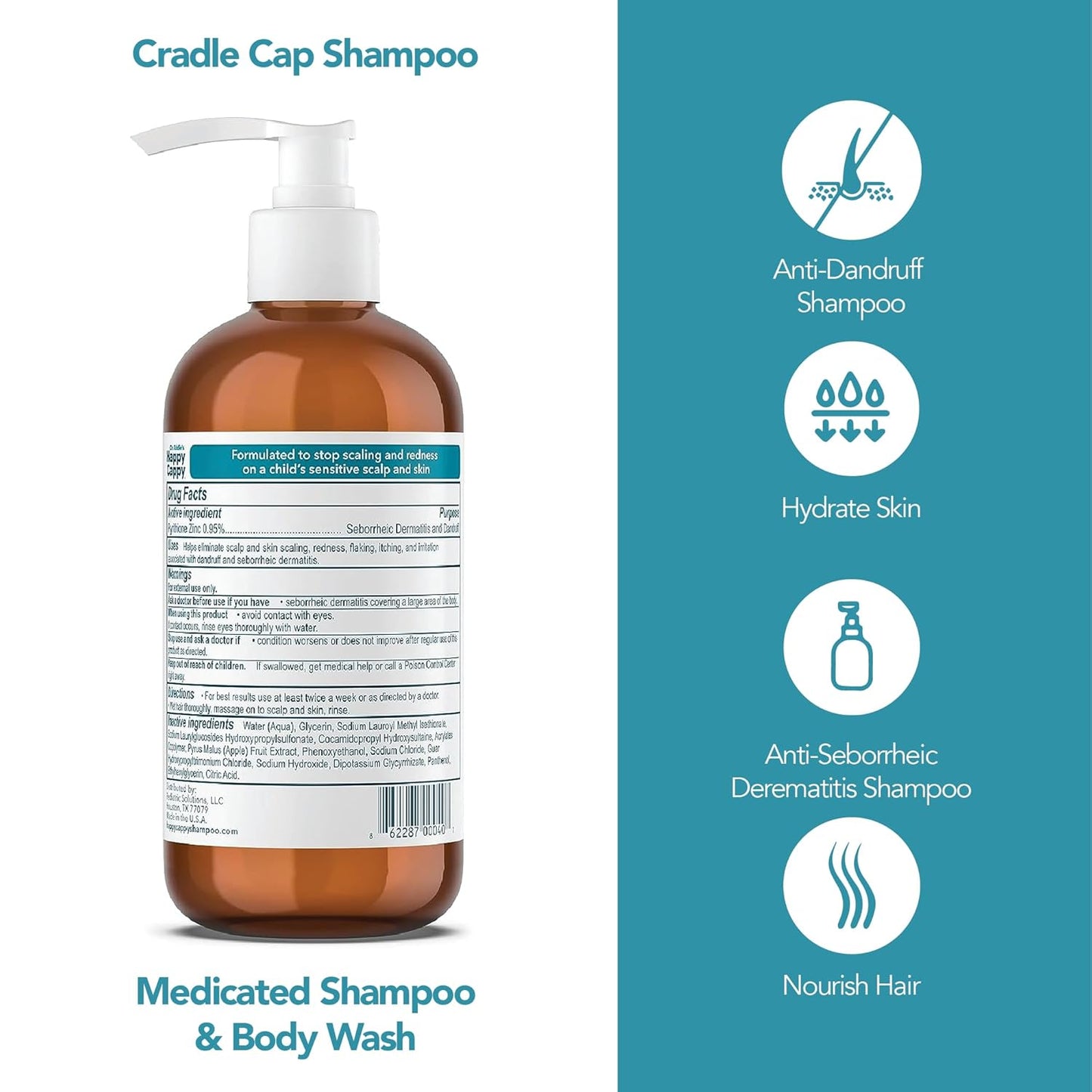 Happy Cappy Medicated Shampoo and Body Wash- Baby Dandruff Shampoo, Helps Cradle Cap and Seborrheic Dermatitis, Reduces Redness, Dermatologist Tested, Fragrance-Free- 8 Fl Oz (Pack of 4)