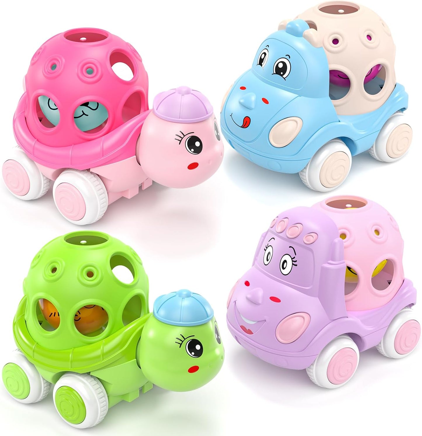 4 Set Toy Cars for Toddler Girl, Toddlers Push Car Toys Pink, Rattles Push and Go Truck, Birthday for Twin Girls 3 + Year Old Twins Gift Ideas