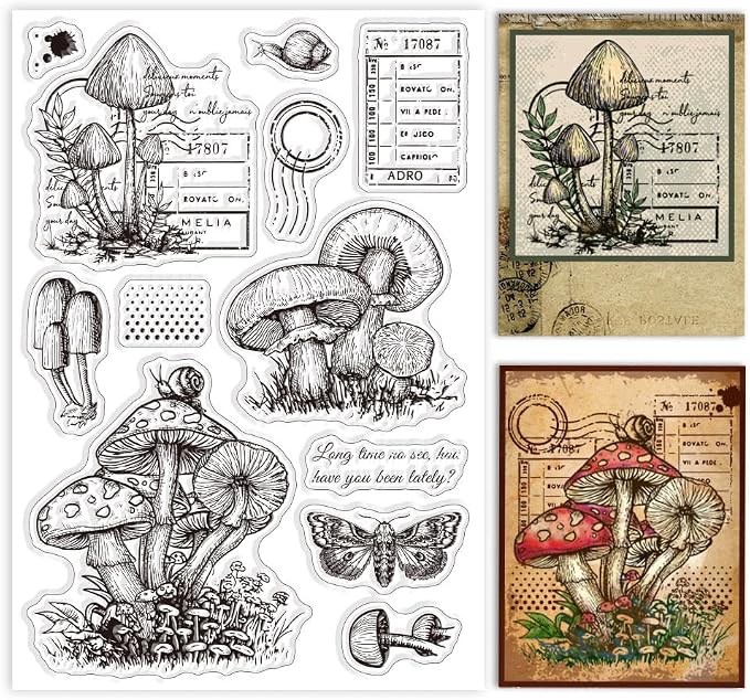 GLOBLELAND Vintage Mushroom Text Clear Stamps