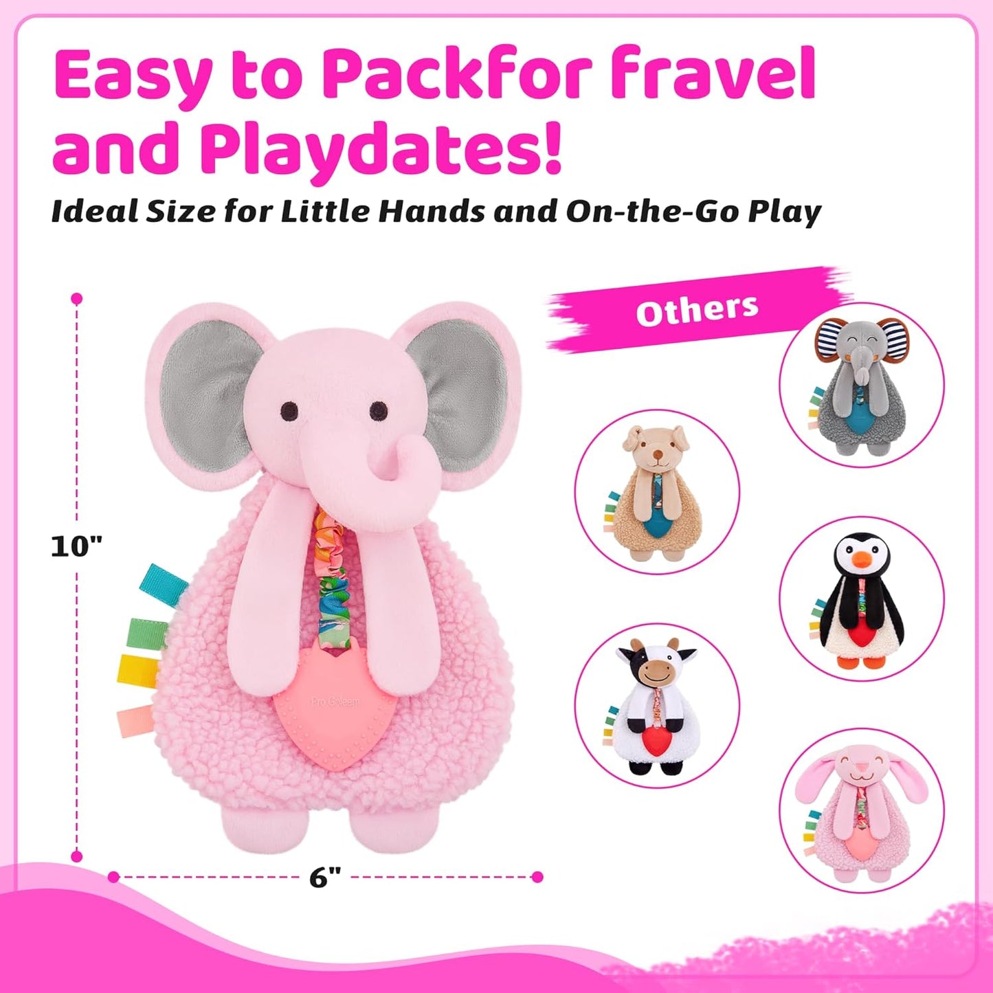 Pro Goleem Pink Elephant Loveys for Babies Girl and Boy, Baby Lovey with Teether, Baby Toys 0 3 6 9 12 Months, Safety Teething Toys for Babies Infant Newborn and Toddler