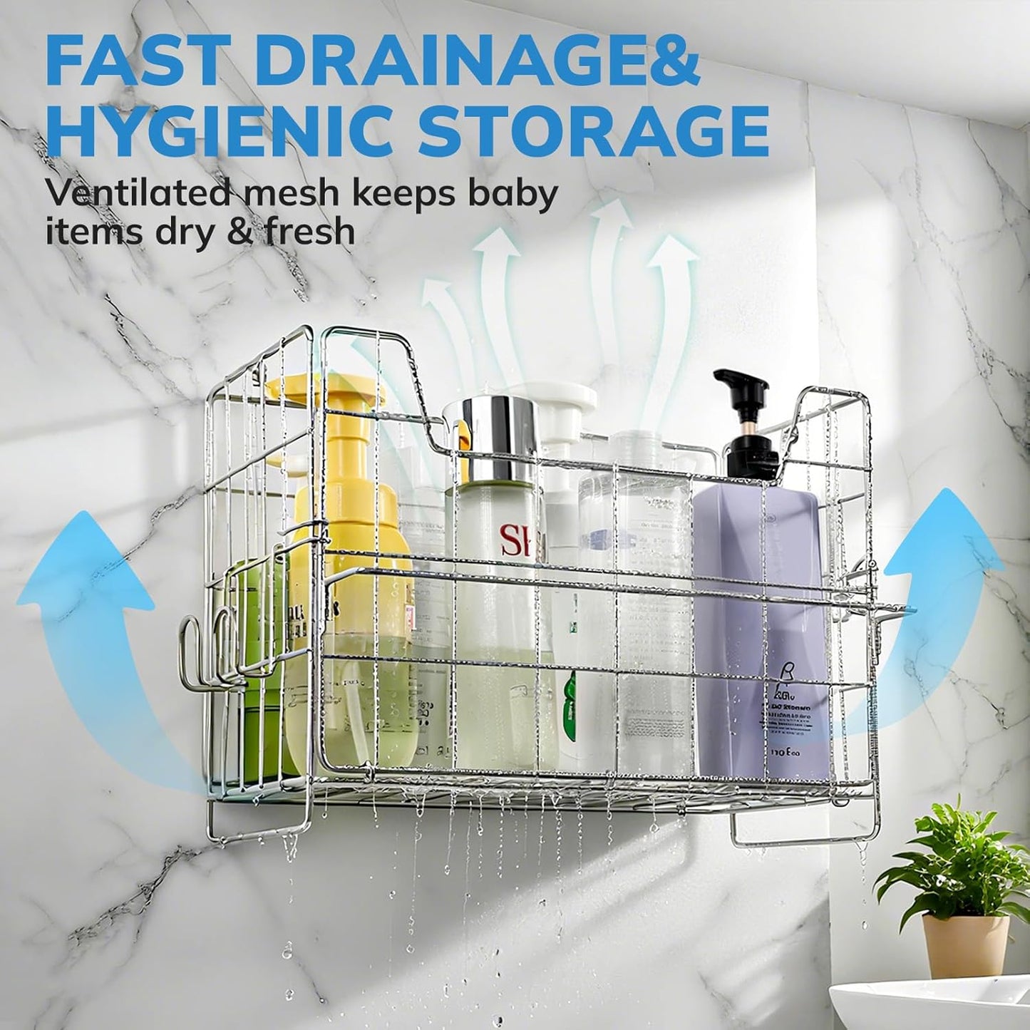 Umimile 304 Stainless Steel Bath Toy Holder - 8.6L Rustproof Baby Bathtub Toy Storage with Quick-Dry Drain Holes, Mold Resistant Design for Toys/Shampoo, 3-Way Mount (Wall, Hanging, Stand)