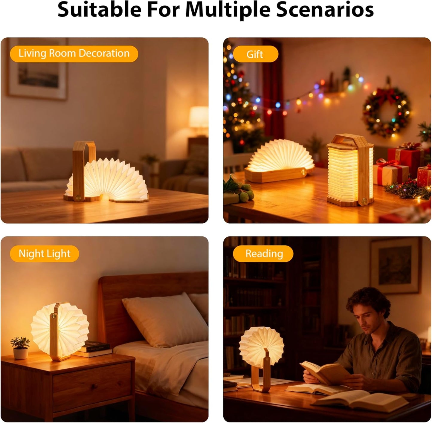 Portable Bamboo Lamp - Foldable Japanese Lantern with USB Charging, Waterproof Tear-Resistant Fiber Paper Shade, Accordion Travel Light for Home Decor Camping Gift