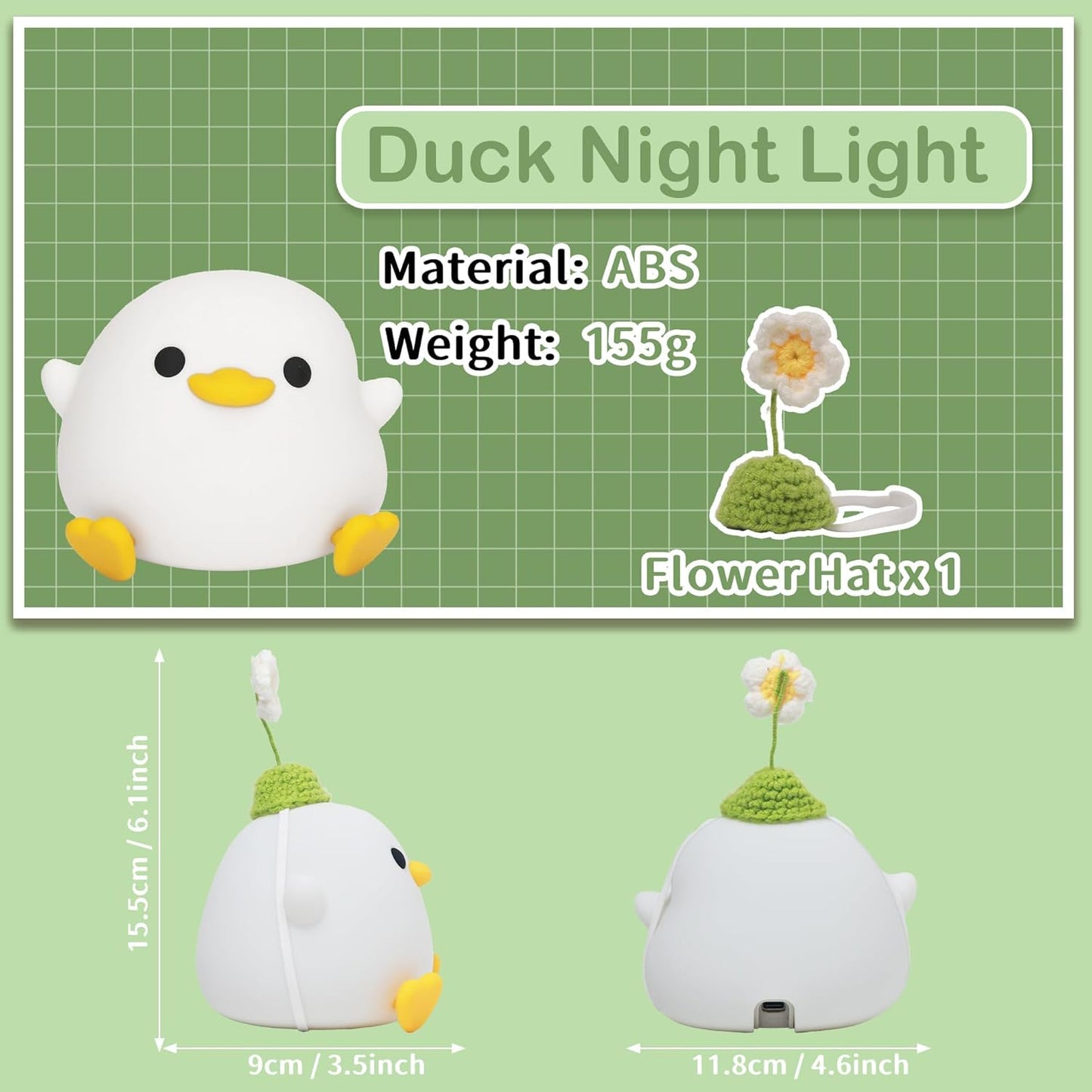 Attivolife Cute Duck Night Light, Animal Soft Silicone LED Lamp with Dimmable and Timer, Portable USB Rechargeable Bedroom Bedside Table Decor, Birthday Christmas Gifts for Girl Boy (Flower Hat)