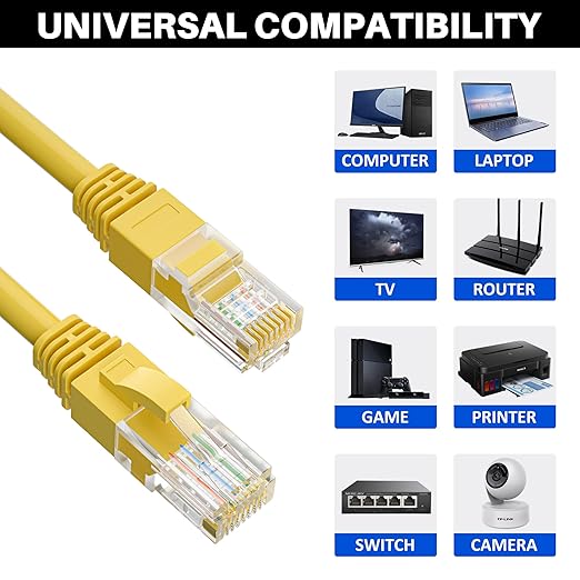 Cat5e Ethernet Cable 100 FT, Long Cat 5e Internet Cable, Yellow Snagless Patch Cord, Flexible, Network, LAN, PoE, Standard RJ45 Connector for PC, Server, Router, Modem, TV, PS5 - with 15 Cable Ties