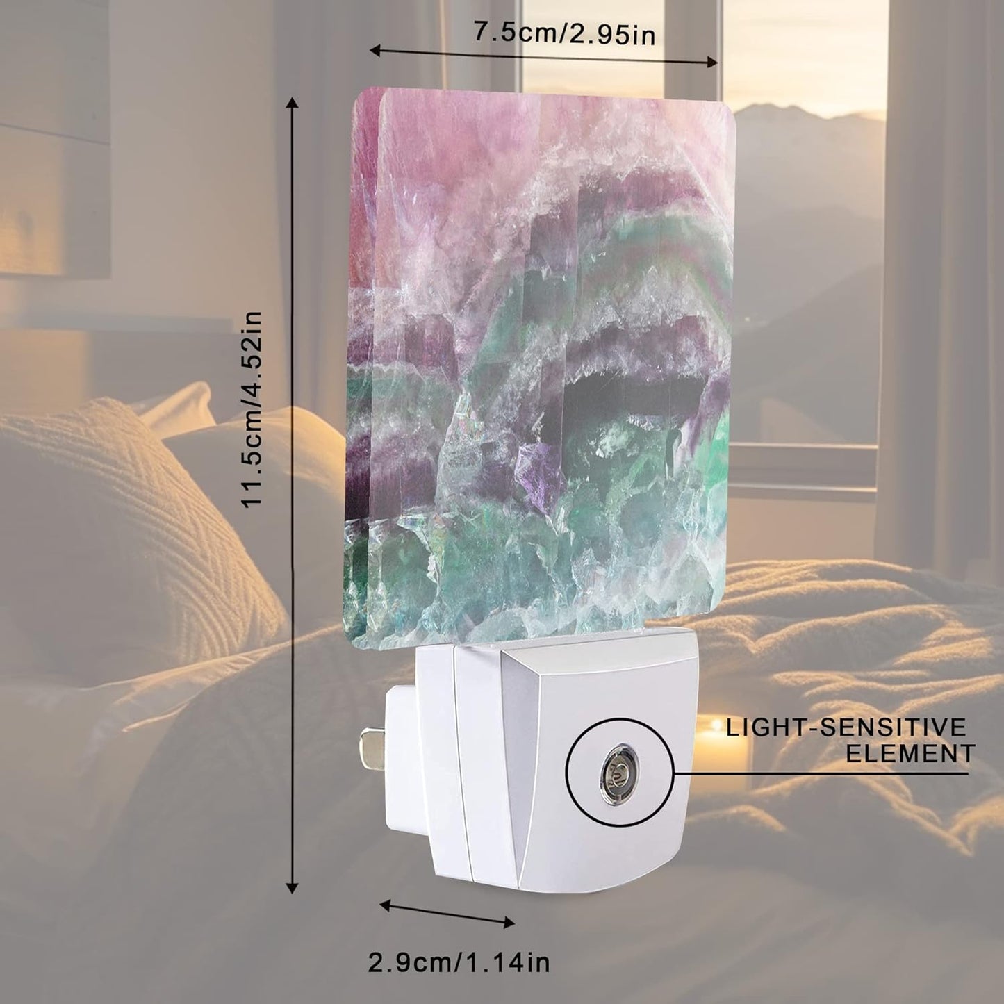 Color Pink Fluorite Crystal Stone Night Light Plug-in LED Nightlights Auto Sensor Night Lamp Dusk-to-Dawn Lamp Home Decor for Nursery Children Girls Boys