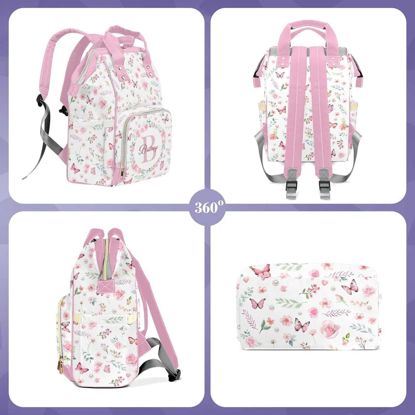 Large Capacity Custom Diaper Bag for Baby Girls with Name, Pink Floral Multifunctional Mom Personalized Diaper Bag Backpack Waterproof Women Customized Daypack Nappy Bag
