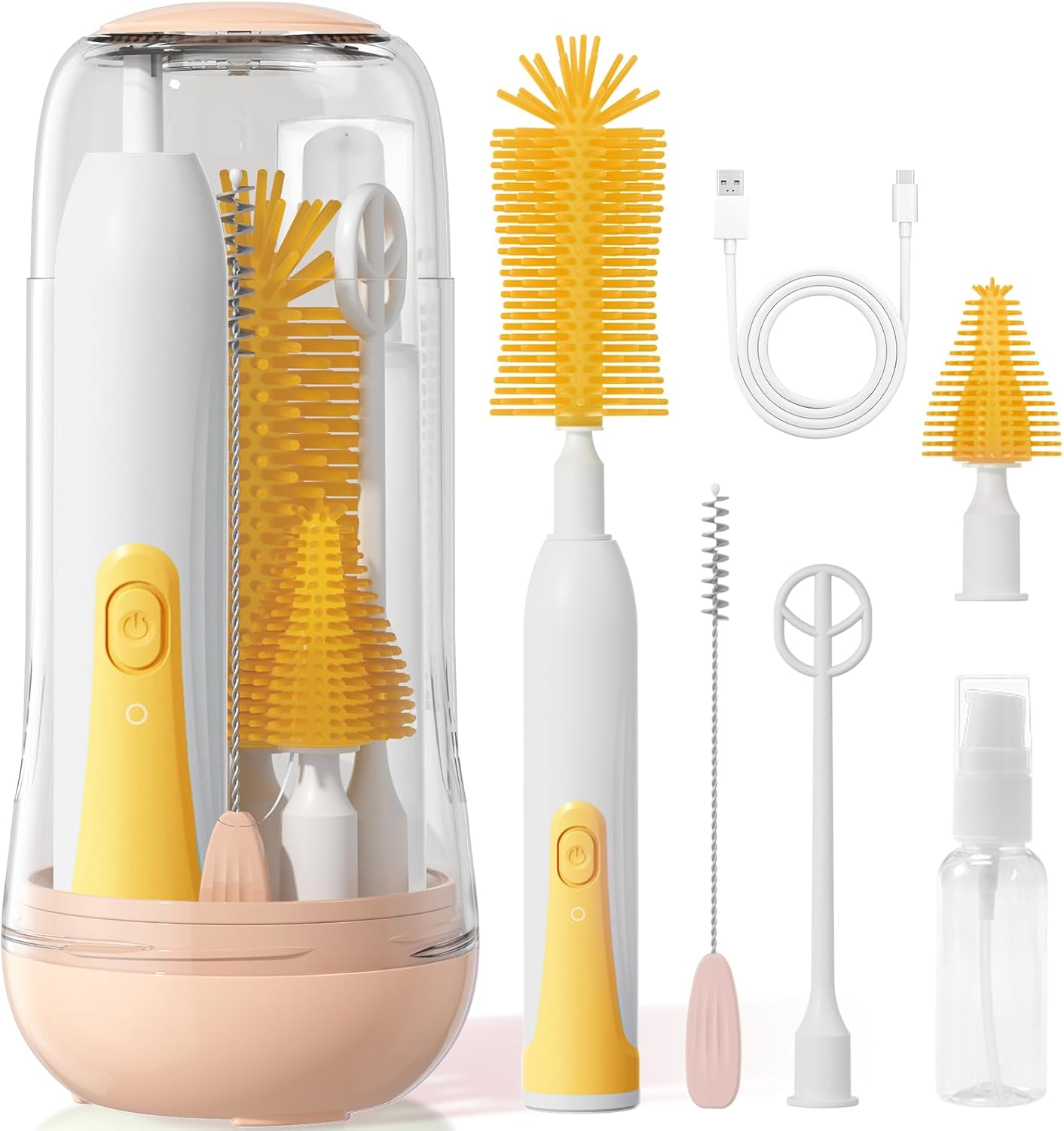 Electric Bottle Brush Cleaner, Baby Bottle Cleaning Set with Nipple Straw Brushes Drying Rack Soap Dispenser Rechargable Waterproof Multi-use E-Brush Kit for Travel & Home, Yellow