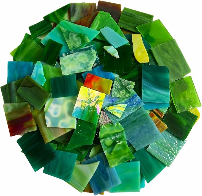 Broken Stained Glass Scraps Mixed Green Colors, Irregular Stained Glass Sheets