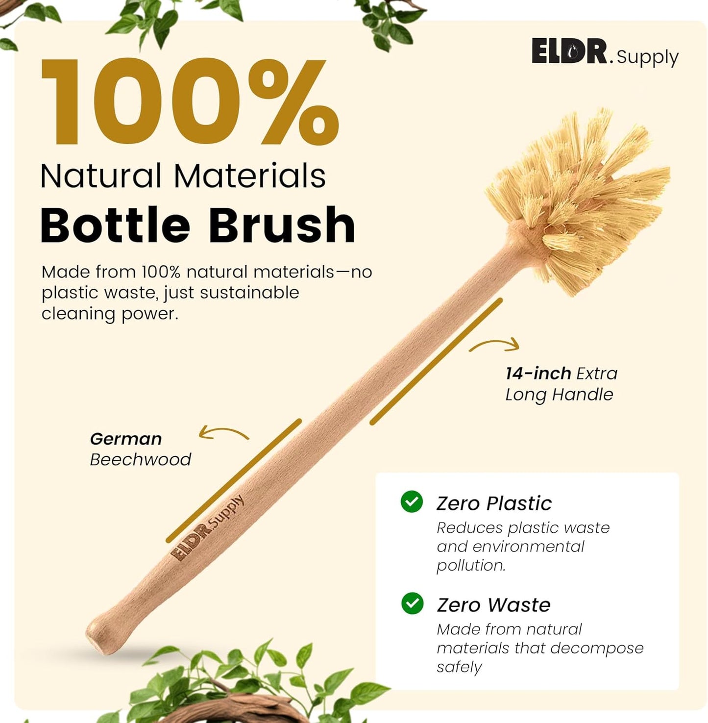 Bottle Brush, 14in Extra Long German Beechwood Handle, Strong Hemp Bristles, Zero Waste, Cleans and Scrubs Hard to Reach Wide Mouth Jars, Glasses, and Tumblers