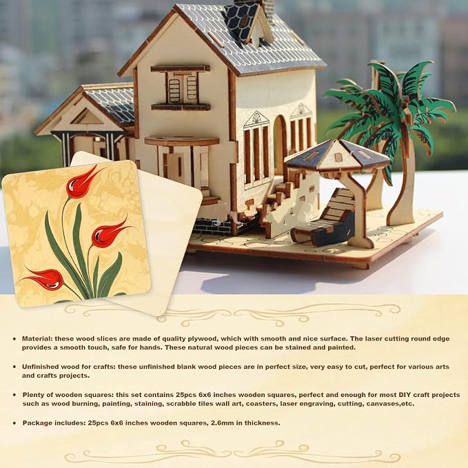 TKOnline 25Pcs 6 x 6 x 1/10 Inches Unfinished Basswood Sheets