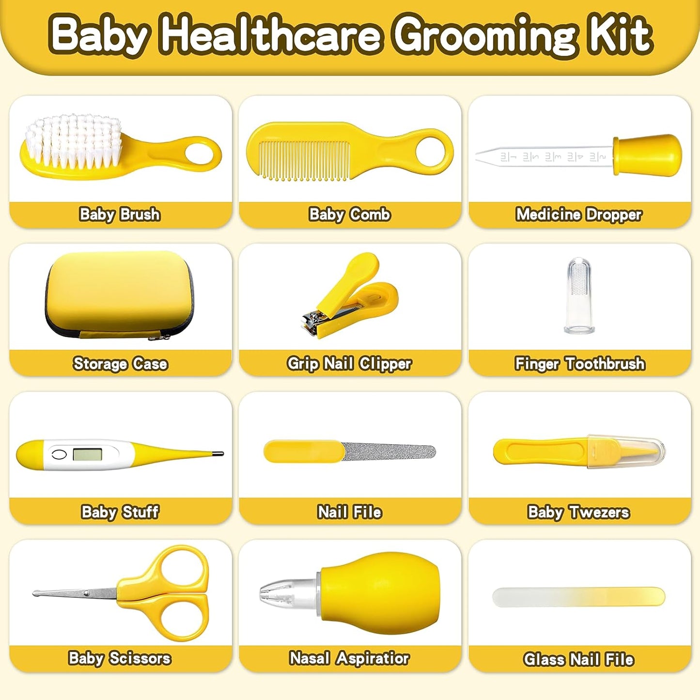 Baby Healthcare and Grooming Kit, Baby Safety Care Set, Baby Electric Nail Trimmer Set Newborn Nursery Health Care Set for Newborn Infant Toddlers Baby Boys Girls Kids (Yellow-18 Kits)